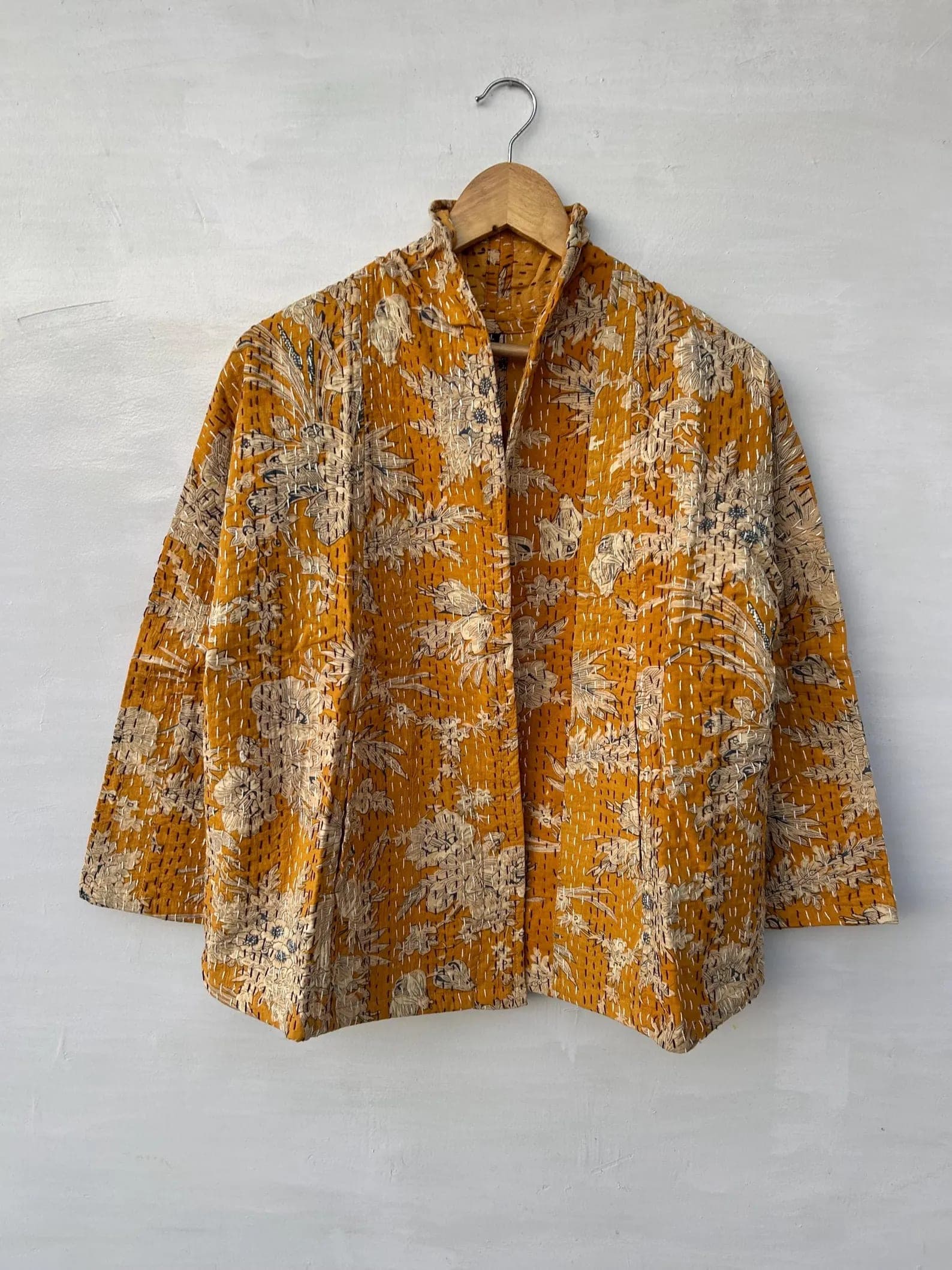 Kantha Quilted Kimono Jacket | Reversible Yellow Floral Cotton Coat | Handmade Gift for Her | Boho Kimono